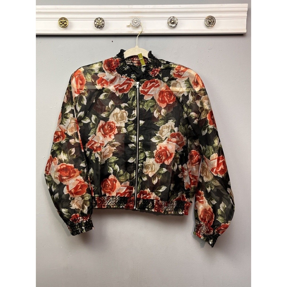 Live 4 Truth Bomber Jacket Womens S Black Red Floral Sheer Smocked Full Zip Rose